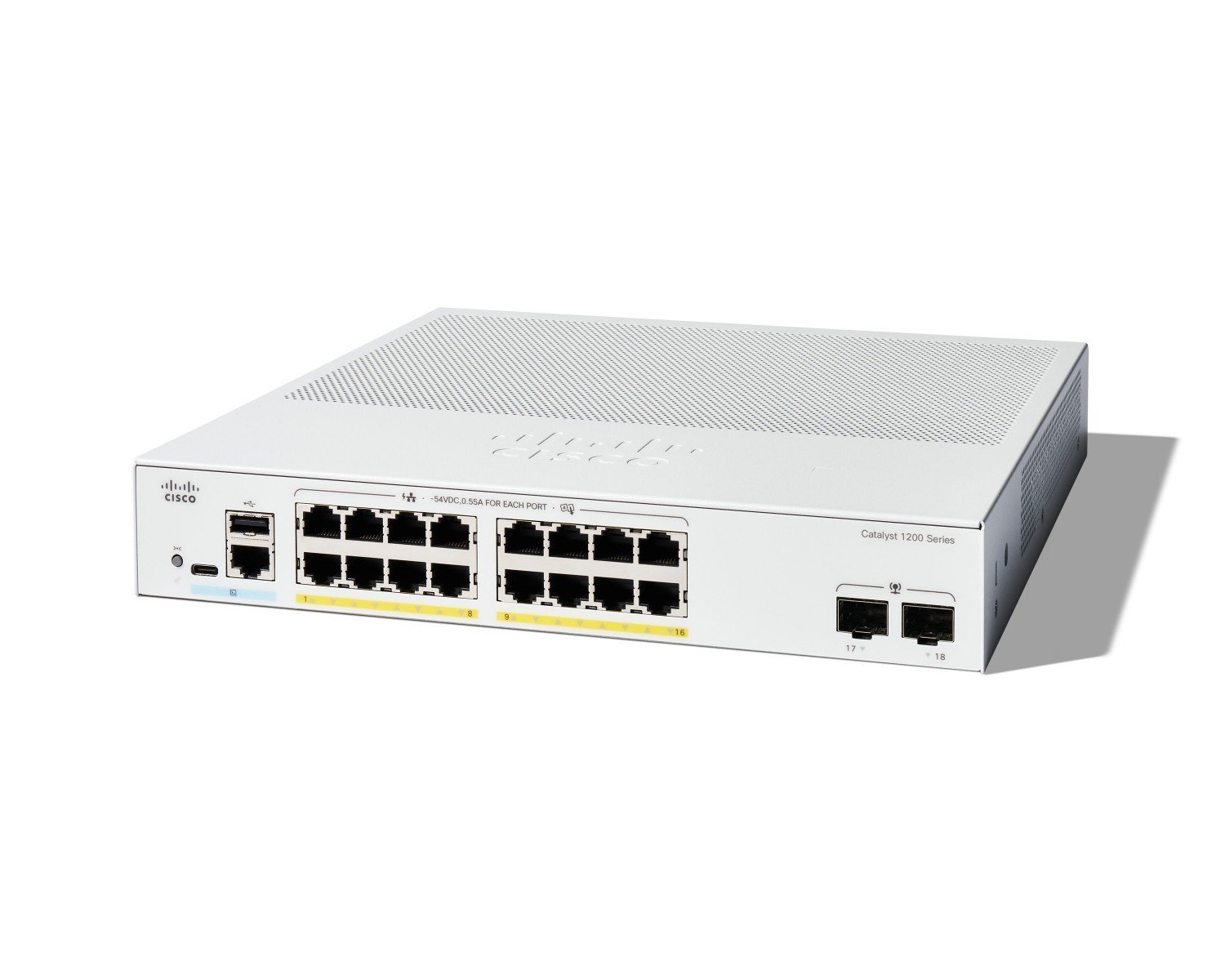 Cisco Catalyst C1200-16P-2G – Switch PoE+ 16 cổng Gigabit + 2 uplink SFP, cấp nguồn linh hoạt cho SMB