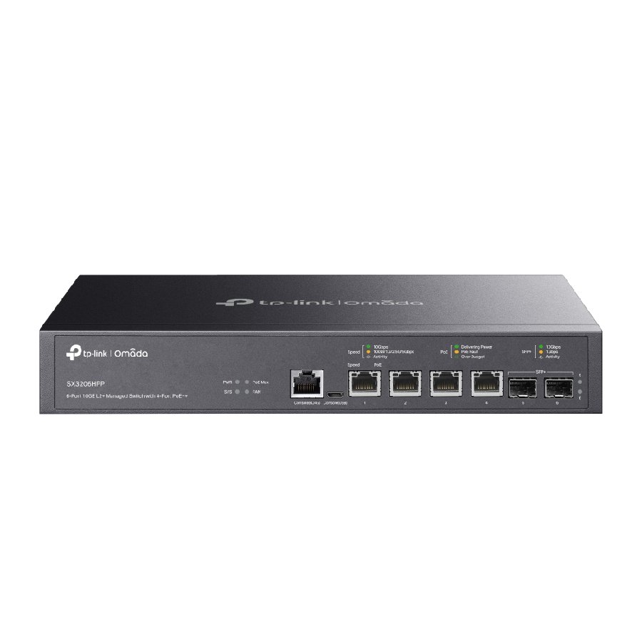 TP-Link SX3206HPP | Switch 6 Port 10G PoE++ Quản Lý Cao Cấp Omada, Tổng Công Suất 200W, VLAN, QoS, Static Routing