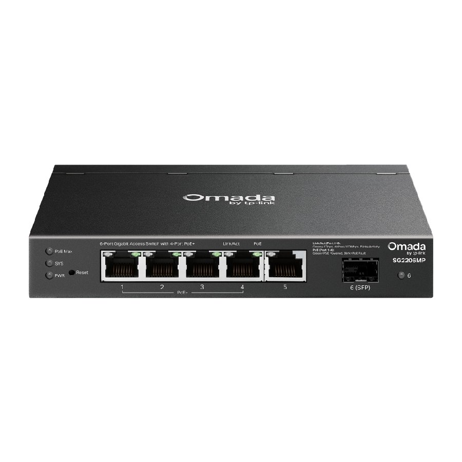 TP-Link SG2206MP | Switch 6 Port Gigabit PoE+ Quản Lý Dễ Dàng Omada, VLAN, QoS, Static Routing, Tổng Công Suất 63W, Thiết Kế Kim Loại Gọn Nhẹ