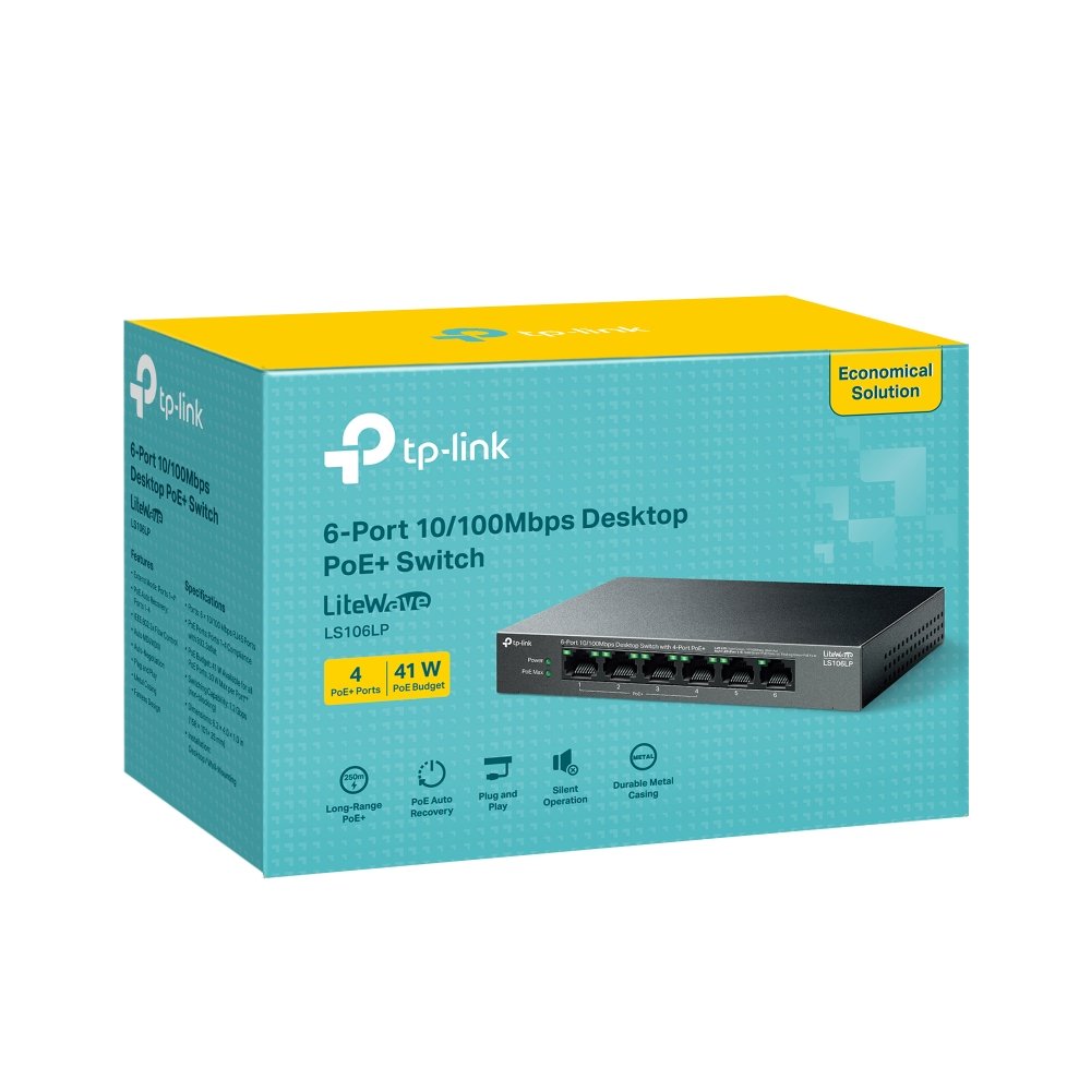 TP-Link LS106LP | Switch 6 Port 10/100Mbps PoE 41W Truyền Xa 250m, Tự Động Phục Hồi, Hoạt Động Êm Ái