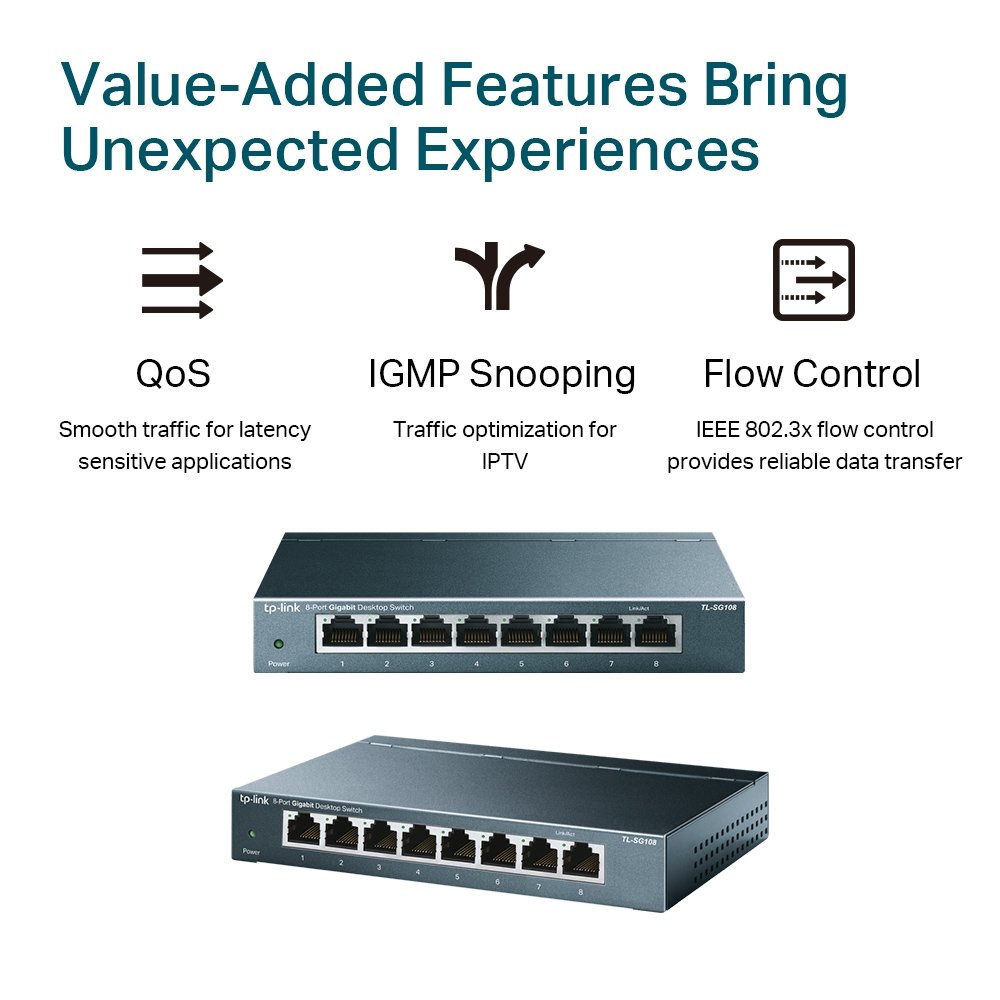 TP-Link TL-SG108 | Switch Gigabit 8 port, Unmanaged, vỏ kim loại, tốc độ 1000 Mbps cho văn phòng nhỏ và gia đình