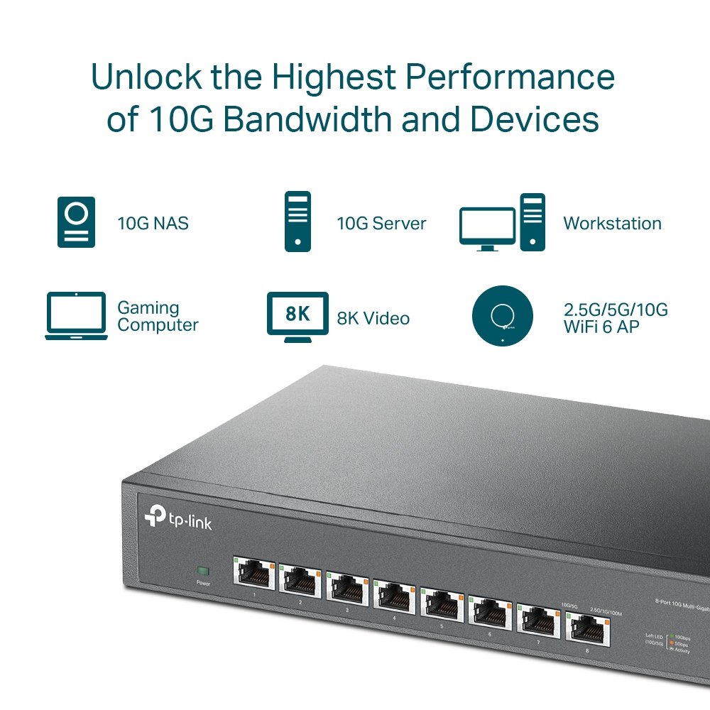 TP-Link TL-SX1008 | Switch 10G Multi-Gigabit 8 port, Unmanaged, vỏ kim loại cao cấp, tốc độ cực cao cho doanh nghiệp và NAS