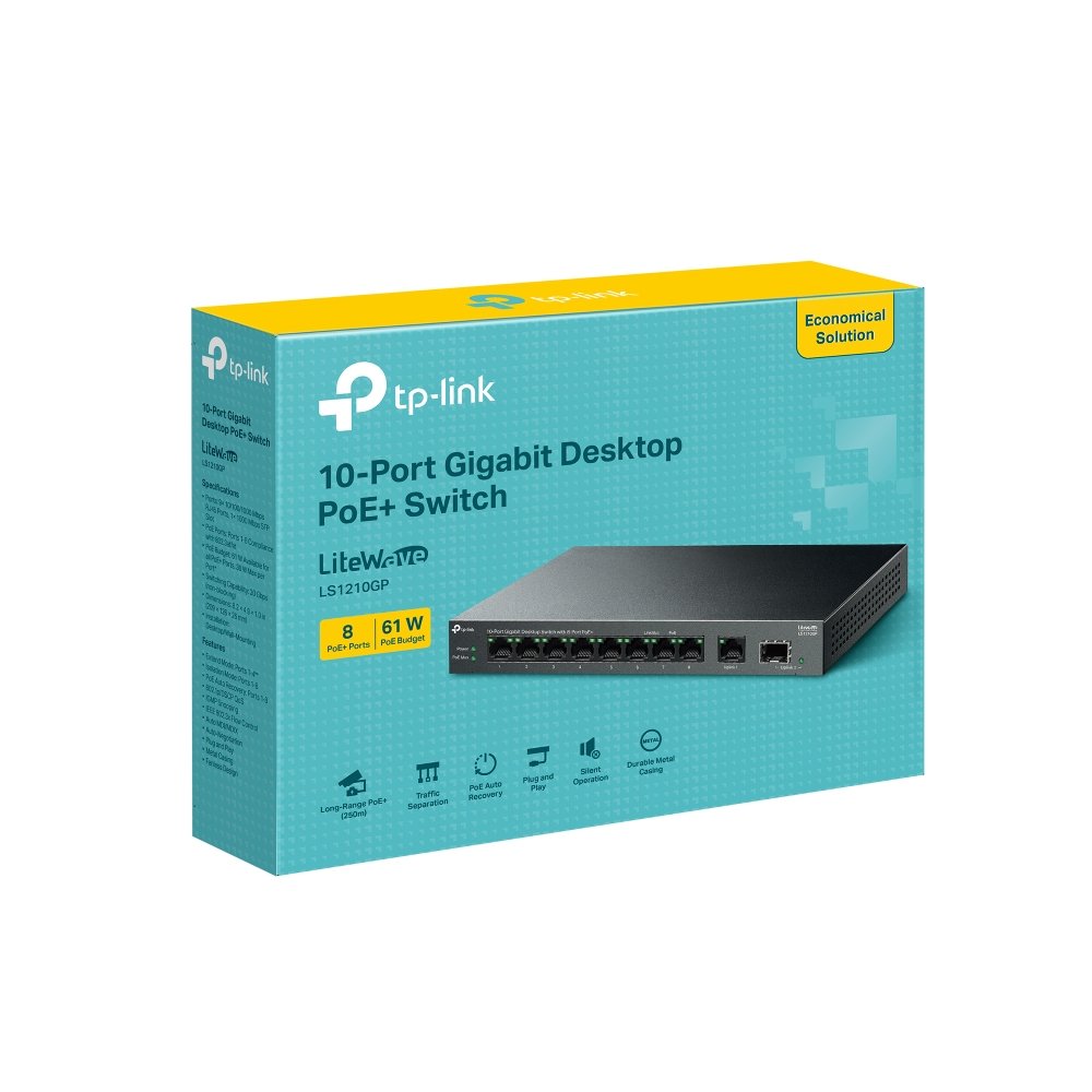 TP-Link LS1210GP | Switch 10 Port Gigabit PoE+ 61W Truyền Xa 250m, Tự Động Phục Hồi, Hoạt Động Êm Ái