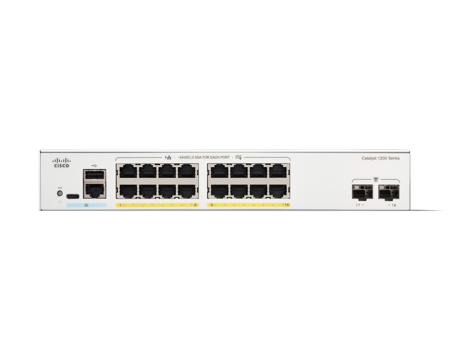 Cisco Catalyst C1200-16P-2G – Switch PoE+ 16 cổng Gigabit + 2 uplink SFP, cấp nguồn linh hoạt cho SMB