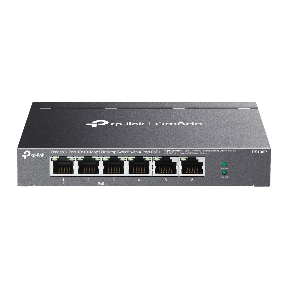 TP-Link DS106P | Switch 6 Port Fast Ethernet PoE+ 67W Truyền Xa 250m, Ưu Tiên Cổng, Tự Phục Hồi PoE, Cắm Là Chạy