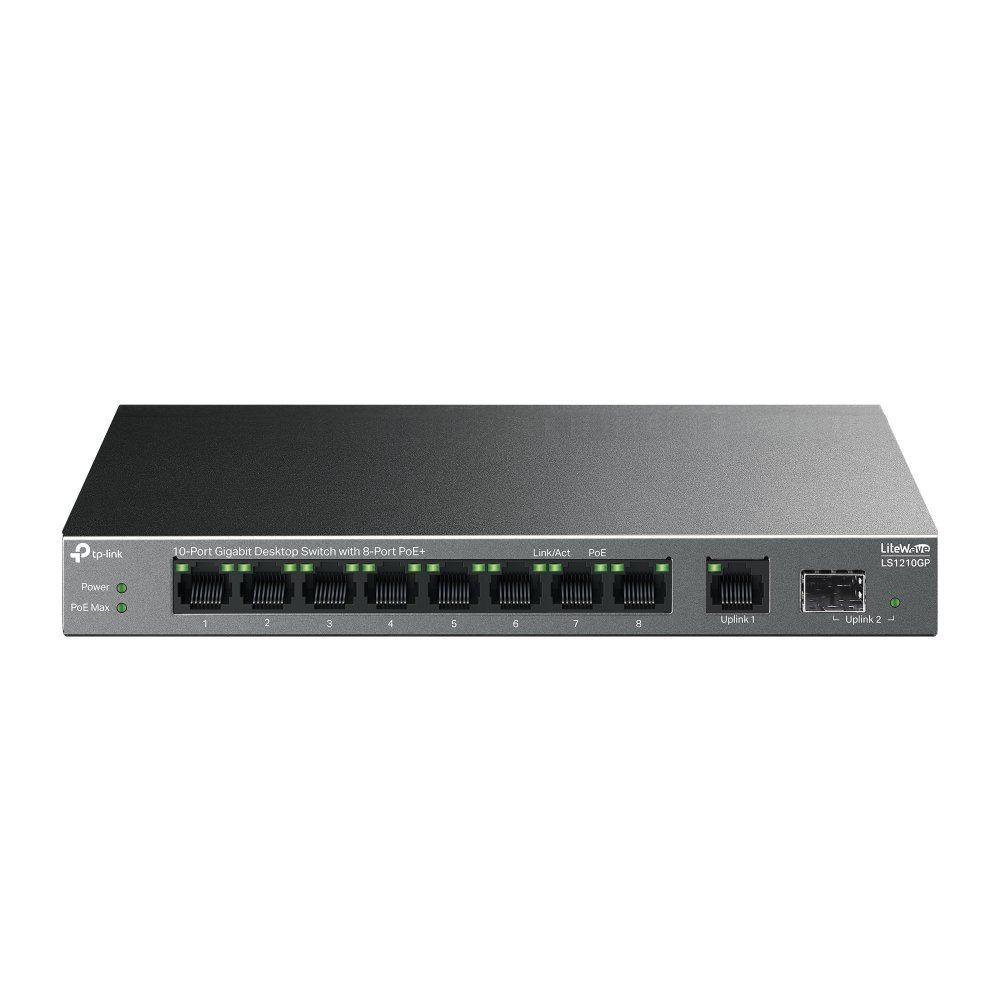 TP-Link LS1210GP | Switch 10 Port Gigabit PoE+ 61W Truyền Xa 250m, Tự Động Phục Hồi, Hoạt Động Êm Ái