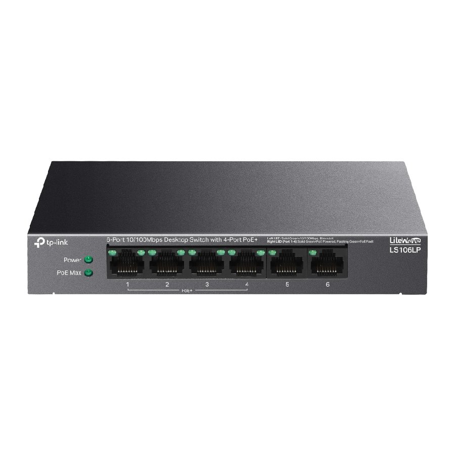 TP-Link LS106LP | Switch 6 Port 10/100Mbps PoE 41W Truyền Xa 250m, Tự Động Phục Hồi, Hoạt Động Êm Ái