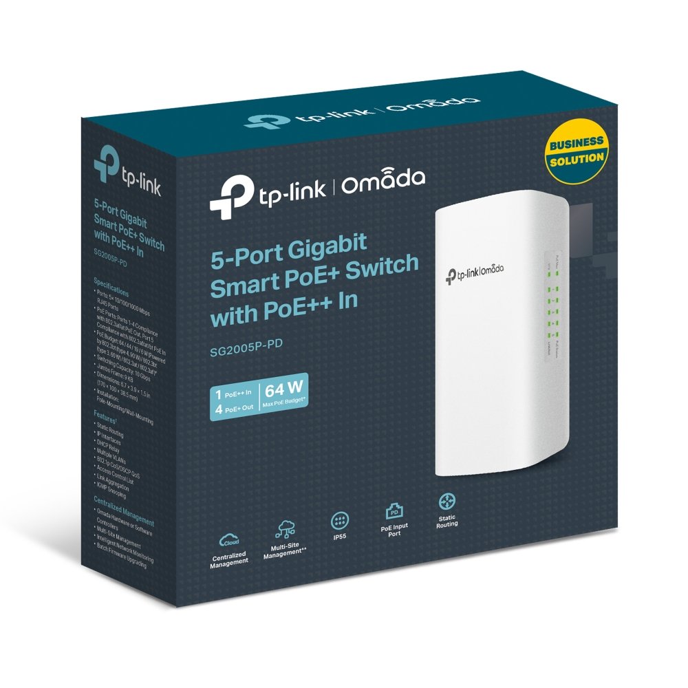 TP-Link SG2005P-PD | Switch 5 Port Gigabit PoE Passthrough Ngoài Trời, Quản Lý Omada Cloud, VLAN, QoS, Chống Nước IP55, Hoạt Động 200m