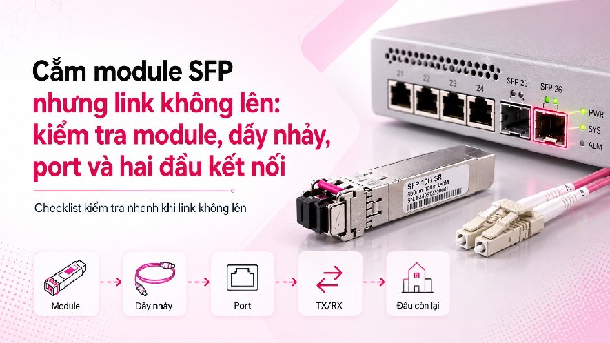 Cắm module SFP nhưng link không lên: kiểm tra module, dây nhảy, port và hai đầu kết nối