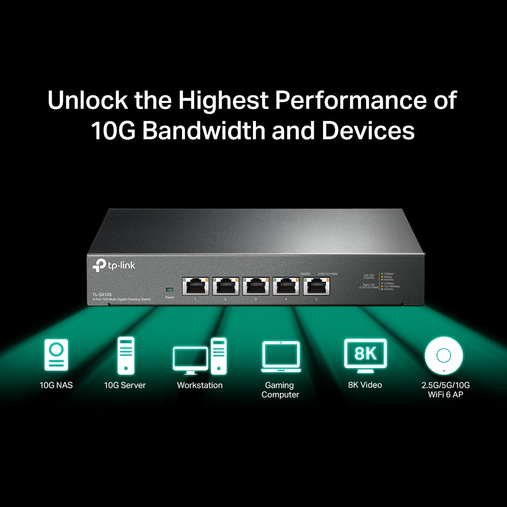 TP-Link TL-SX105 | Switch 10G Multi-Gigabit 5 port, Unmanaged, vỏ kim loại cao cấp, hiệu năng cực cao cho NAS & doanh nghiệp