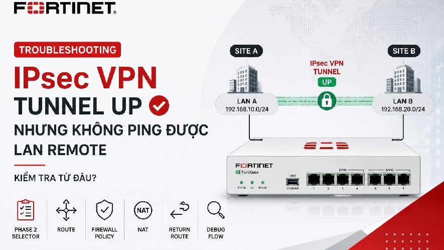 FortiGate IPsec VPN tunnel up nhưng không ping được LAN remote: kiểm tra từ đâu?