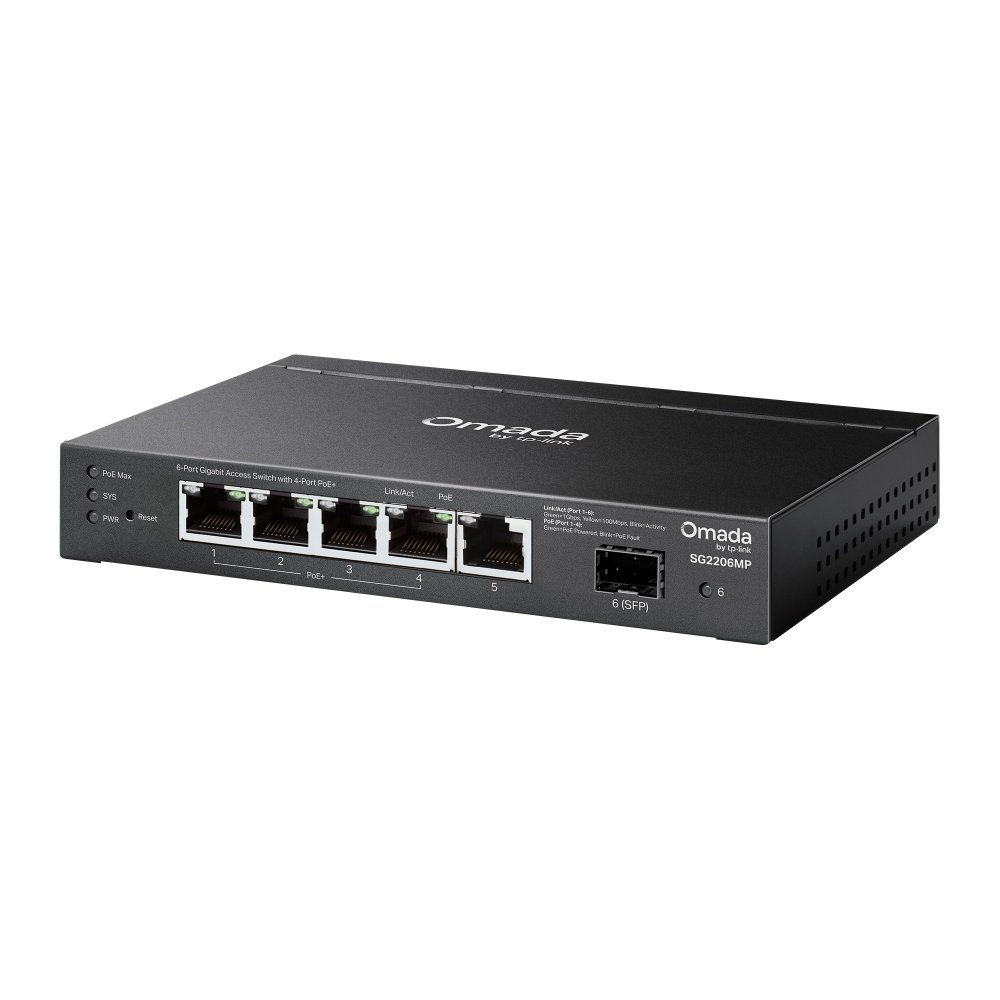 TP-Link SG2206MP | Switch 6 Port Gigabit PoE+ Quản Lý Dễ Dàng Omada, VLAN, QoS, Static Routing, Tổng Công Suất 63W, Thiết Kế Kim Loại Gọn Nhẹ