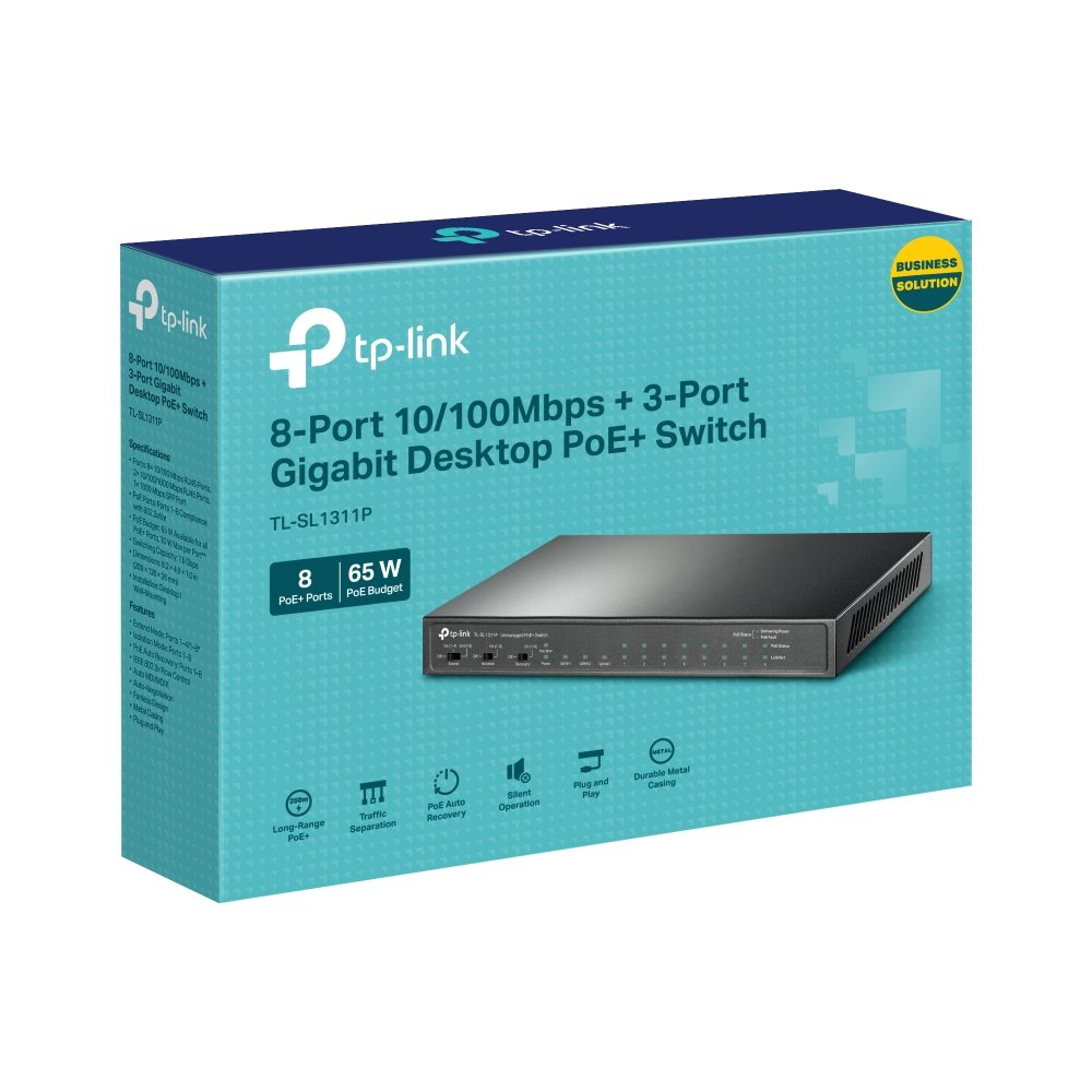 TP-Link TL-SL1311P | Switch 8 Port PoE+ 65W 10/100Mbps + 3 Port Gigabit, Truyền Xa 250m, Hoạt Động Êm Ái