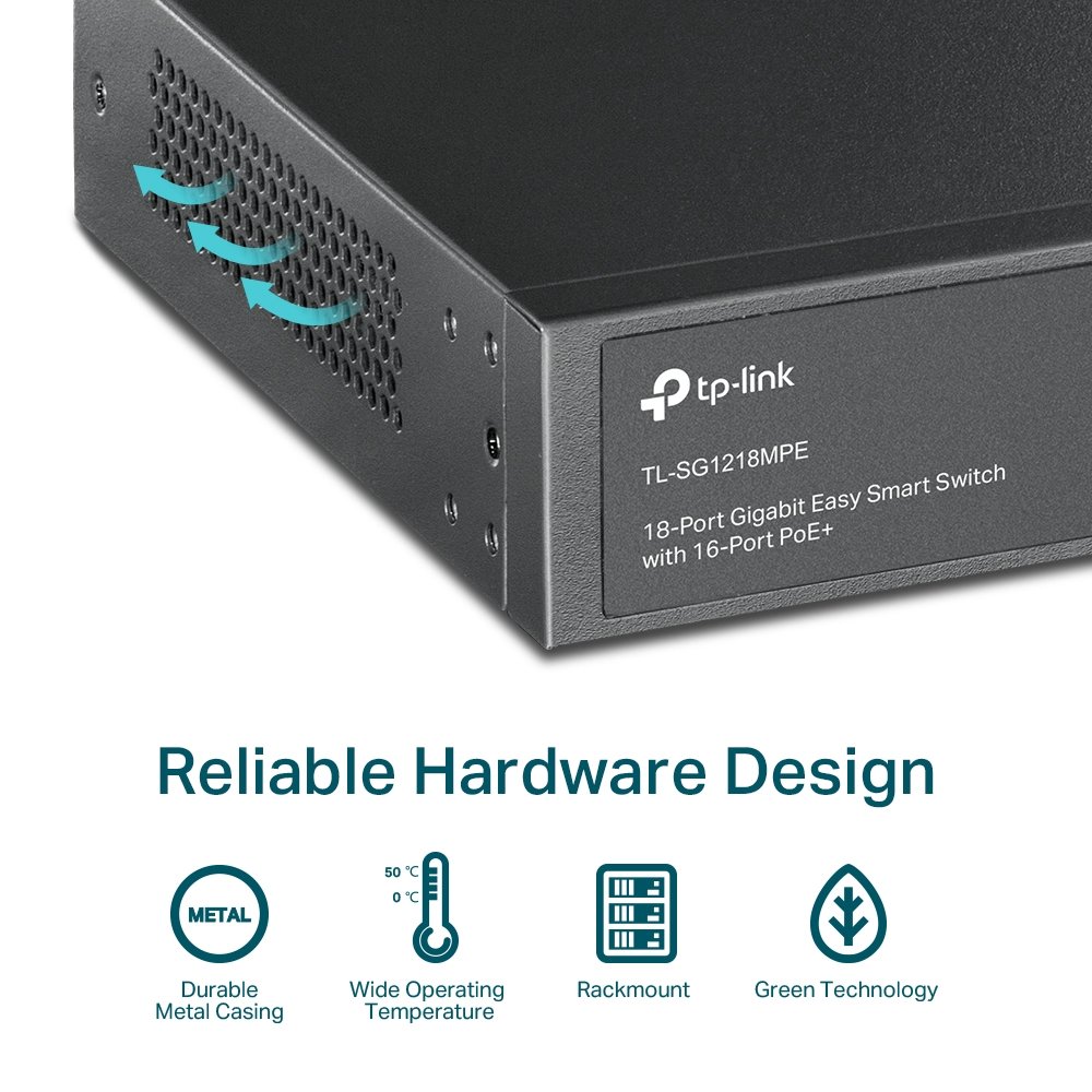 TP-Link TL-SG1218MPE | Switch Gigabit 16 port PoE + 2 SFP, Smart Managed, hỗ trợ Omada Controller & VLAN, công suất 250 W