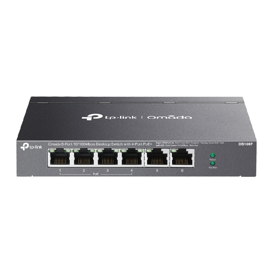 TP-Link DS106P | Switch 6 Port Fast Ethernet PoE+ 67W Truyền Xa 250m, Ưu Tiên Cổng, Tự Phục Hồi PoE, Cắm Là Chạy