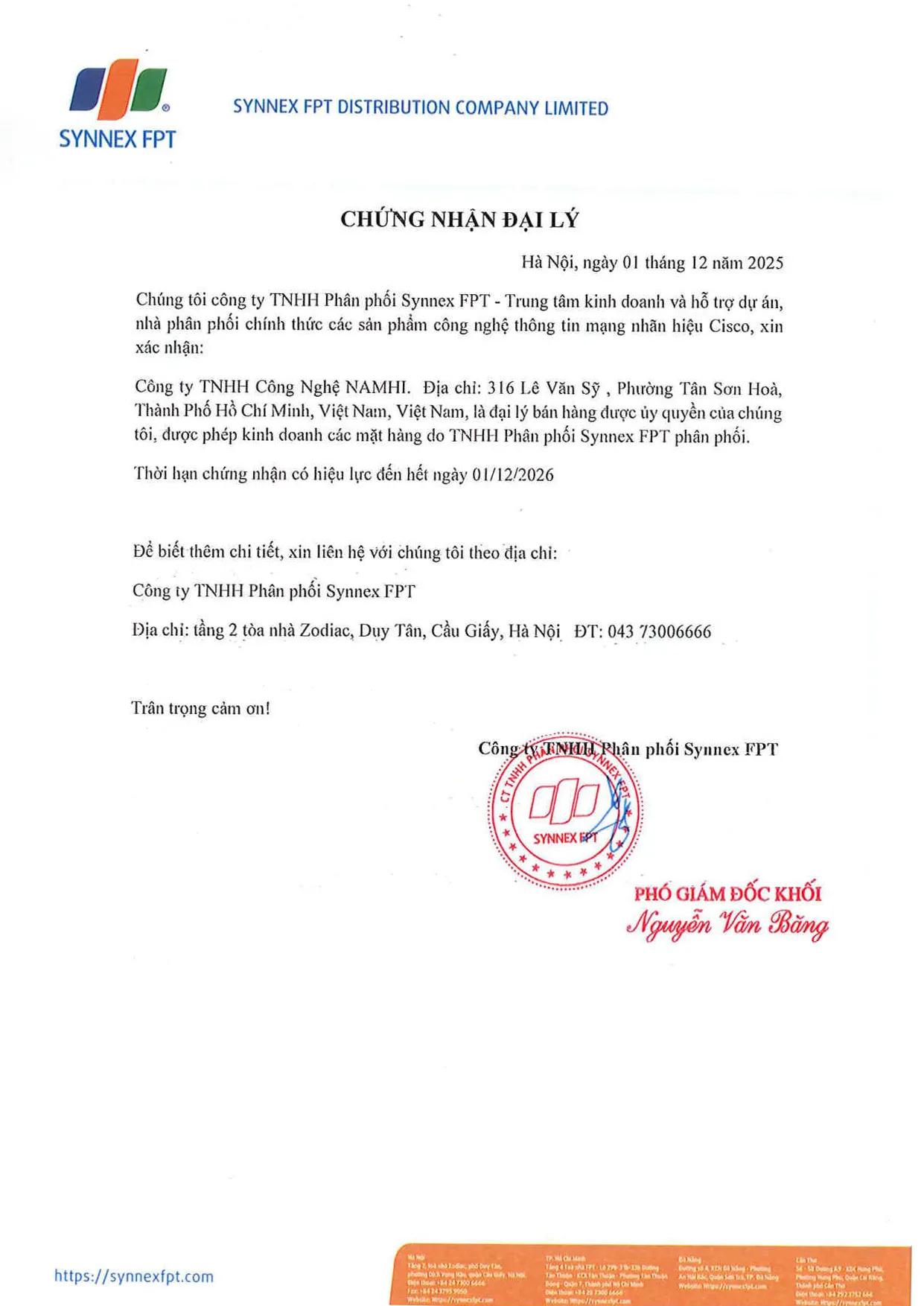 Giấy chứng nhận đại lý bán hàng Cisco qua Synnex FPT của NAMHI