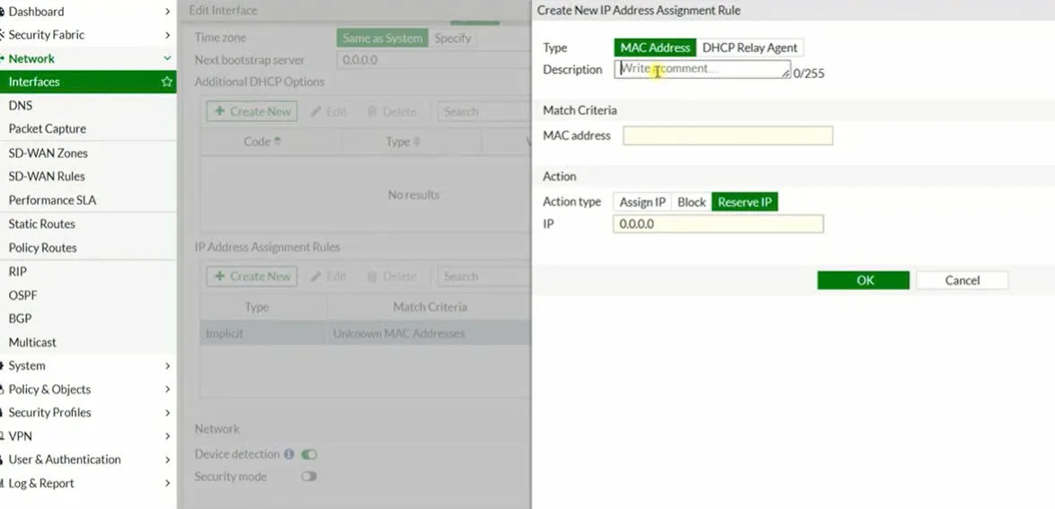 FortiGate DHCP Reservation GUI