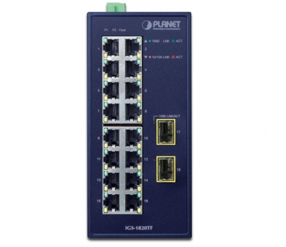  PLANET IP30 Industrial 16-Port 10/100/1000T + 2-Port 1000X SFP Gigabit Ethernet Switch
